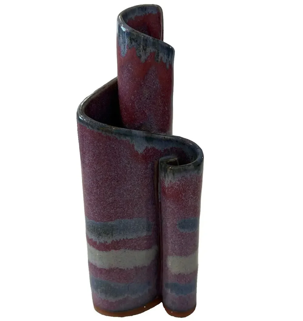 Vintage 1988 Bay Pottery Ribbon Vase 3-Chamber 7” Studio Art Purple Blue Glaze